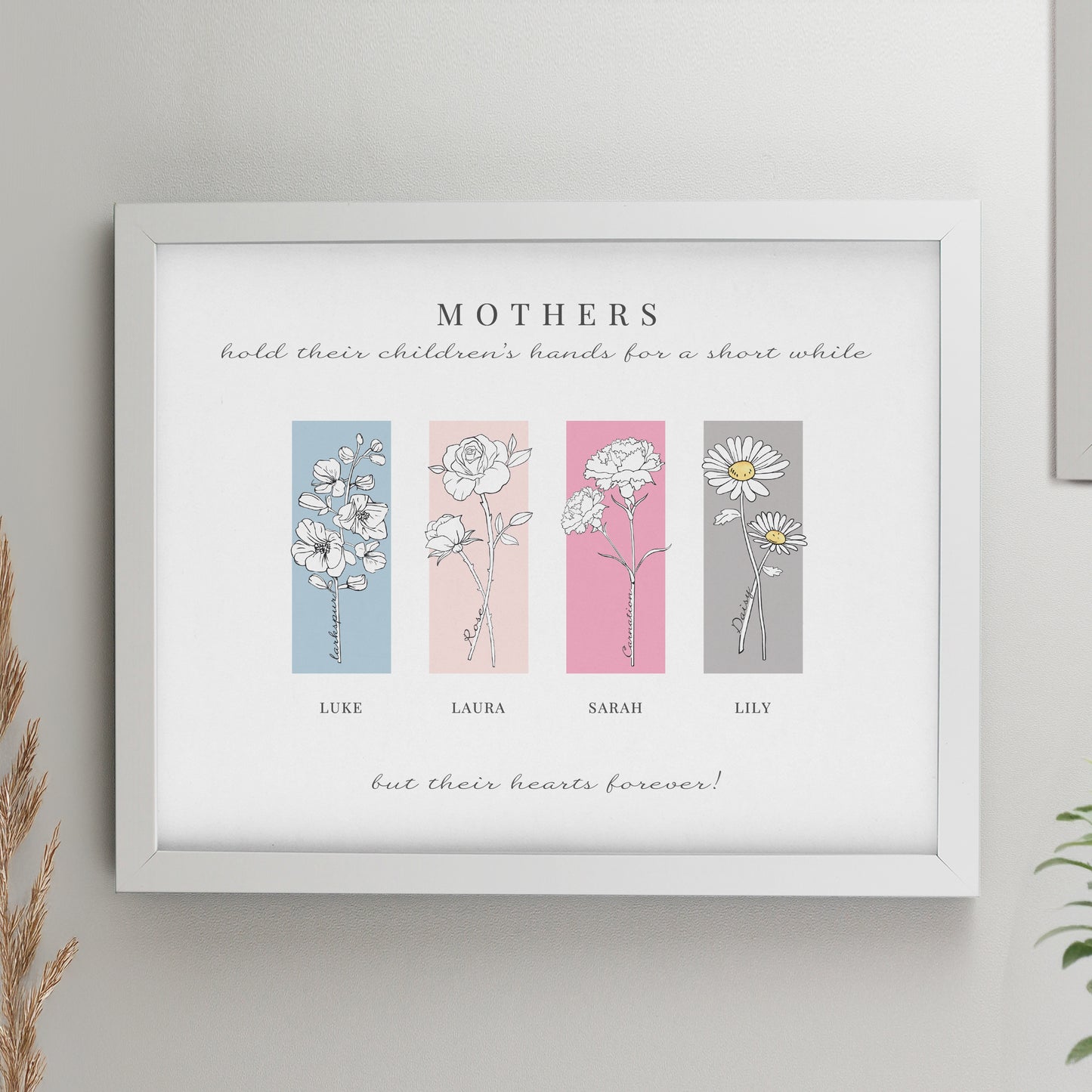 Personalised Birth Flower Family of 4 White Framed Print - MK&JD Gifts