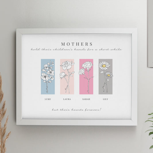 Personalised Birth Flower Family of 4 White Framed Print - MK&JD Gifts