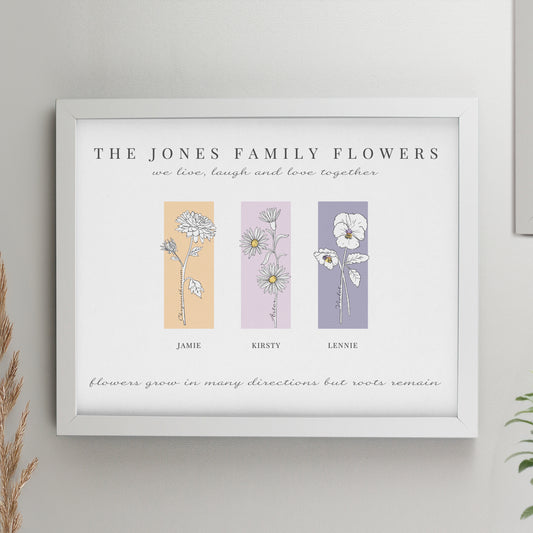 Personalised Birth Flower Family of 3 White Framed Print - MK&JD Gifts