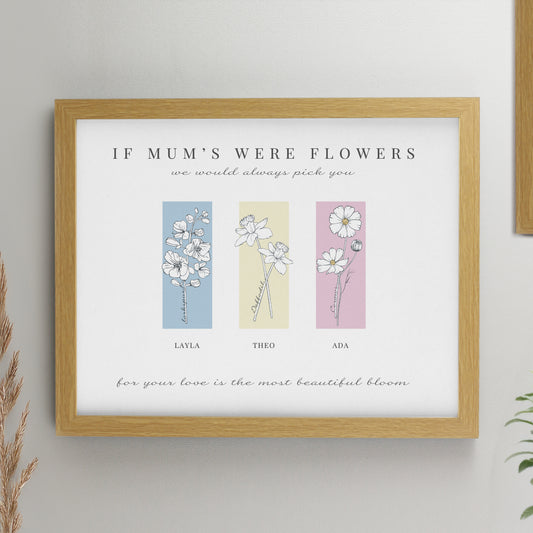Personalised Birth Flower Family of 3 Oak Framed Print - MK&JD Gifts