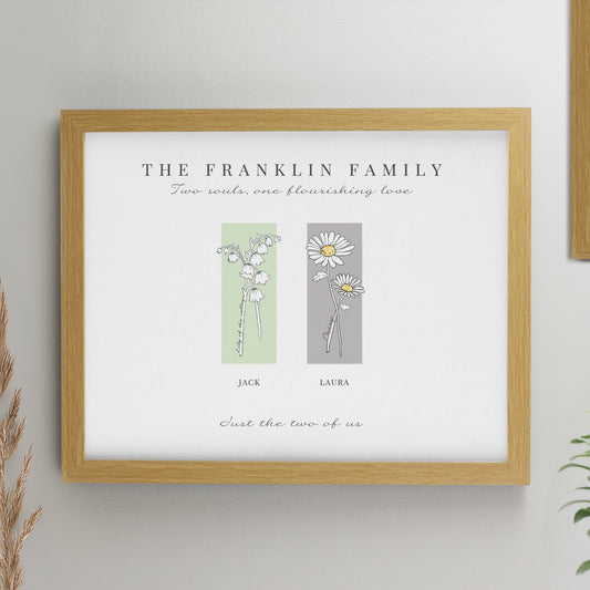 Personalised Birth Flower Family of 2 Oak Framed Print - MK&JD Gifts