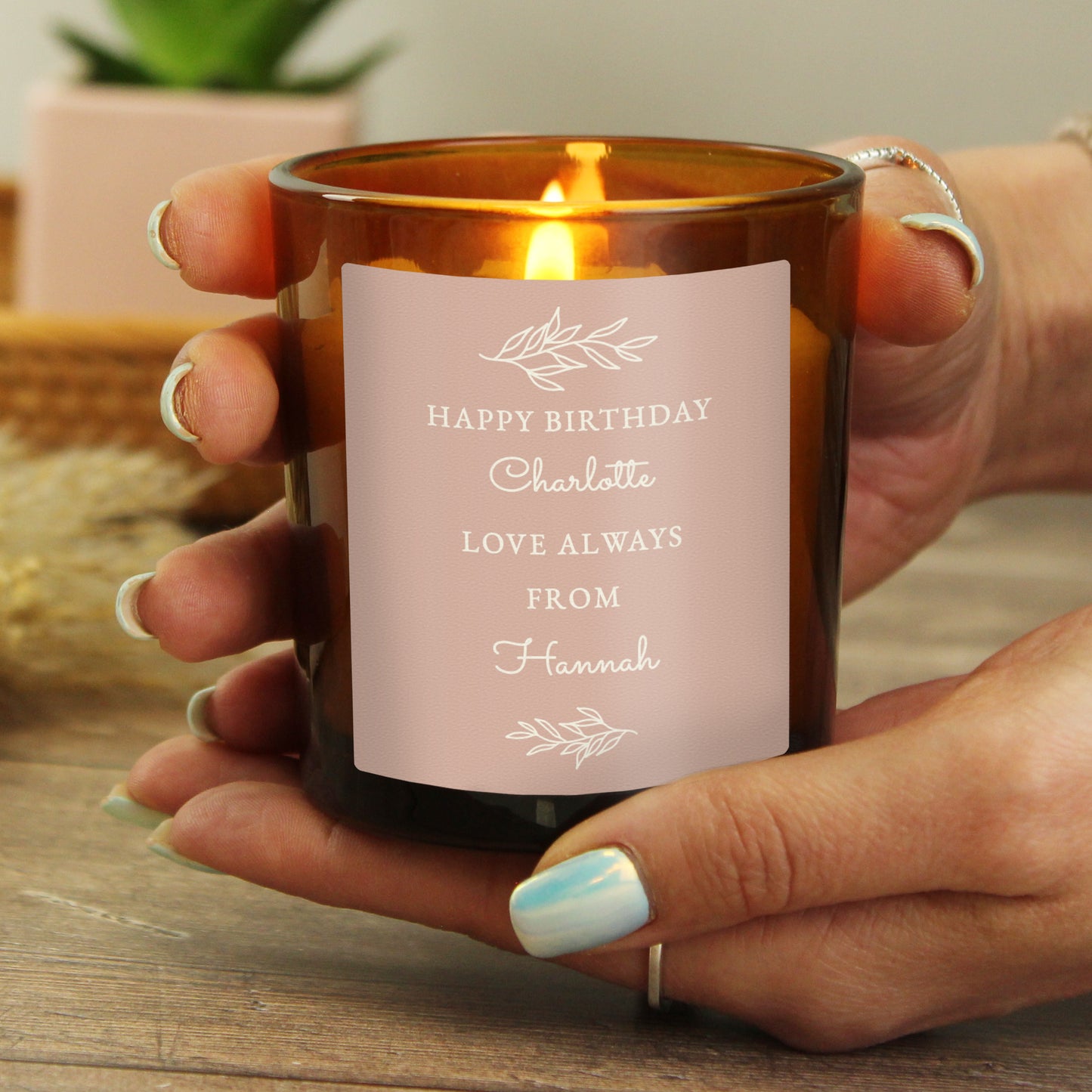 Personalised Pink Label Amber Glass Candle - MK&JD Gifts
