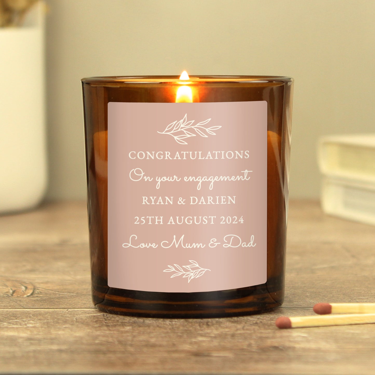 Personalised Pink Label Amber Glass Candle - MK&JD Gifts