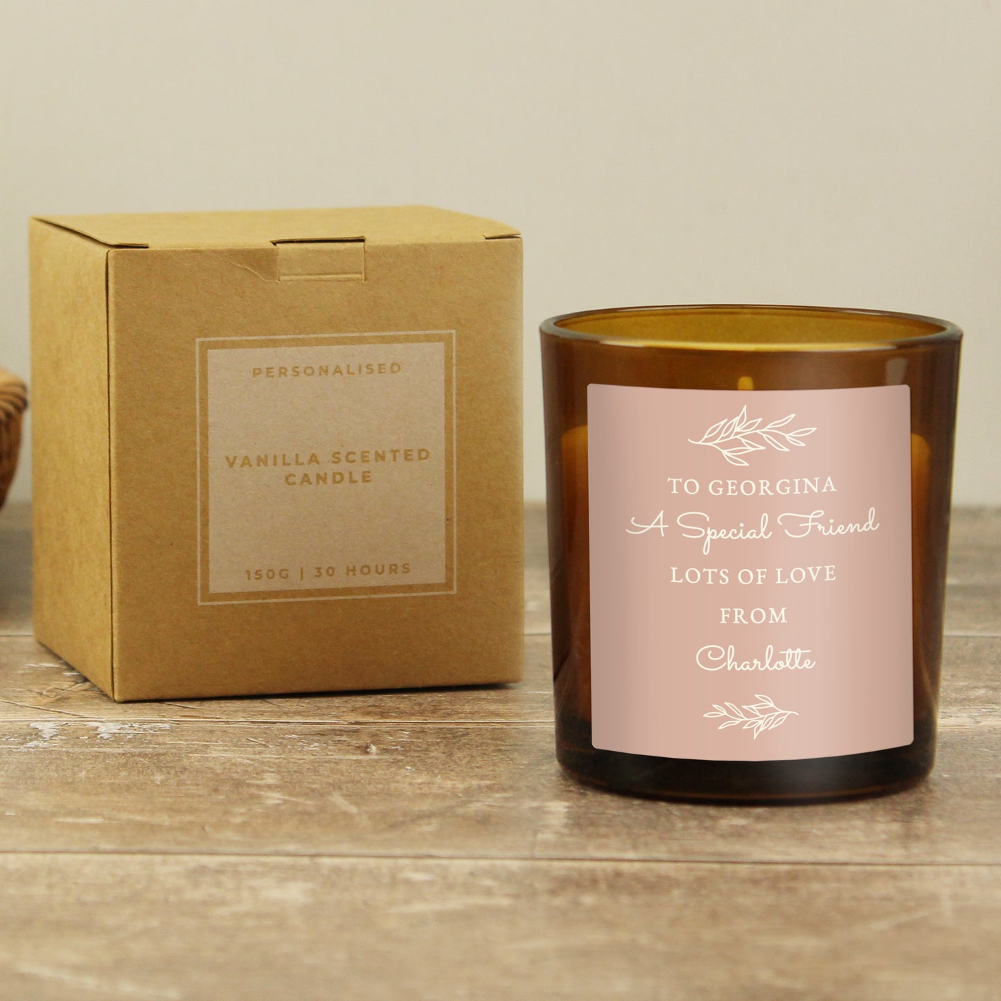 Personalised Pink Label Amber Glass Candle - MK&JD Gifts