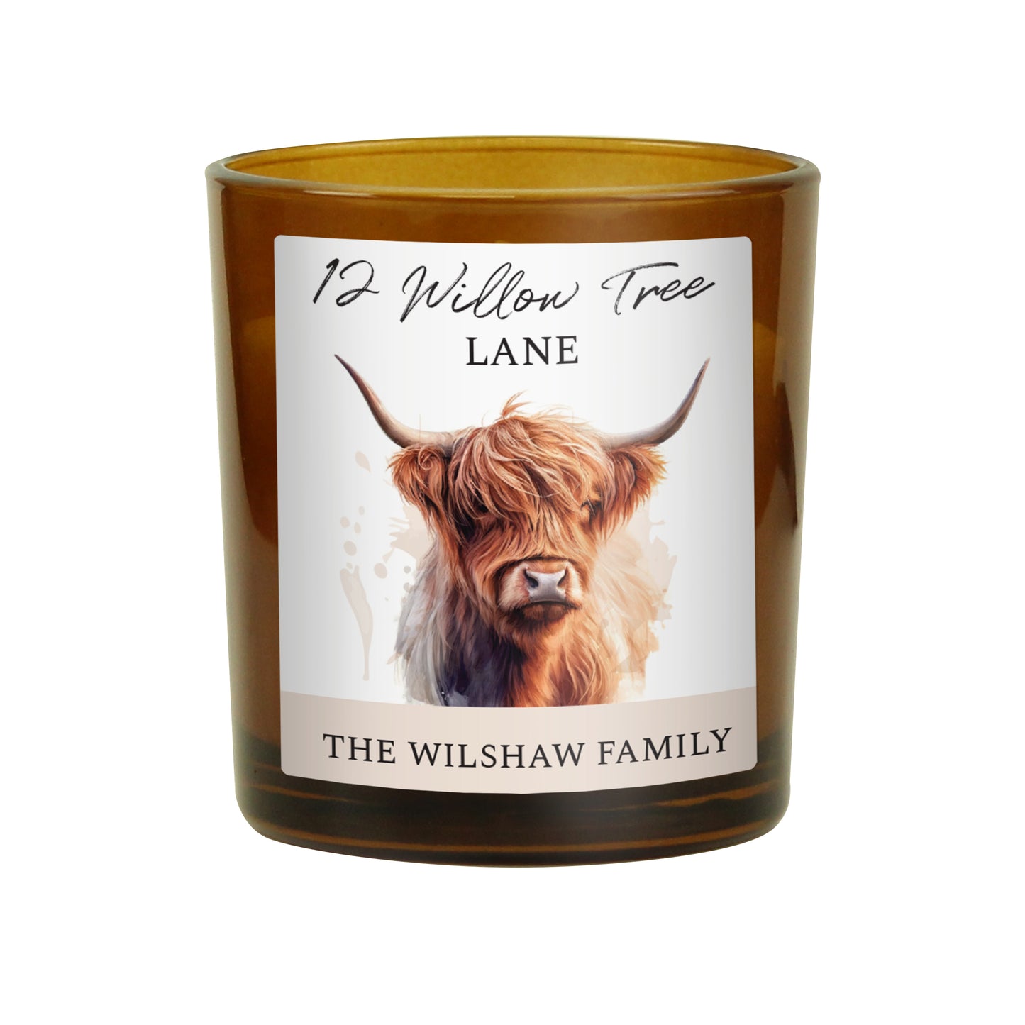 Personalised Highland Cow Amber Glass Candle - MK&JD Gifts