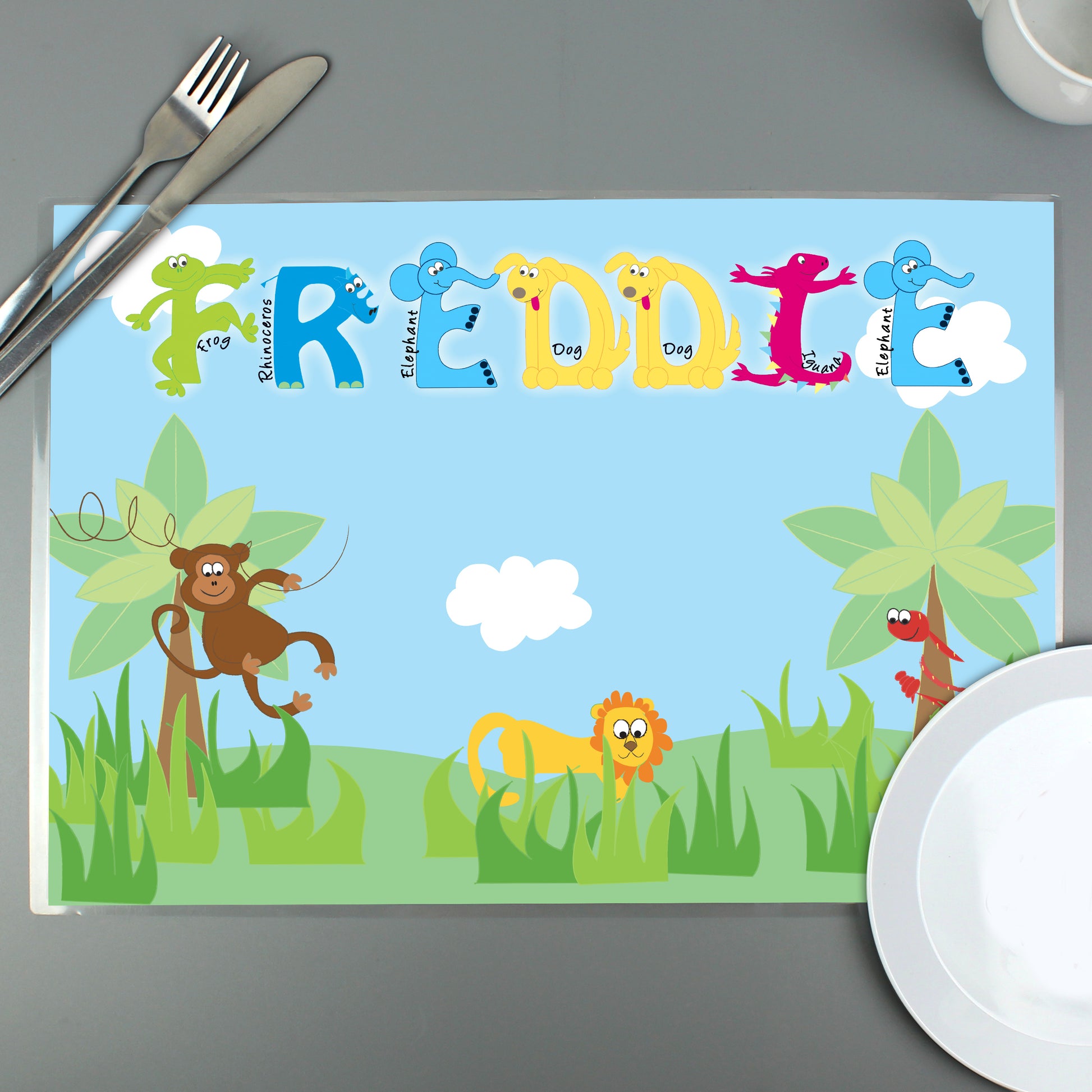 Personalised Blue Animal Alphabet Placemat - MK&JD Gifts