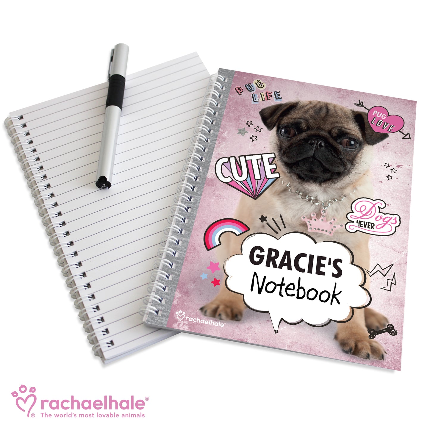 Personalised Rachael Hale Doodle Pug A5 Notebook - MK&JD Gifts