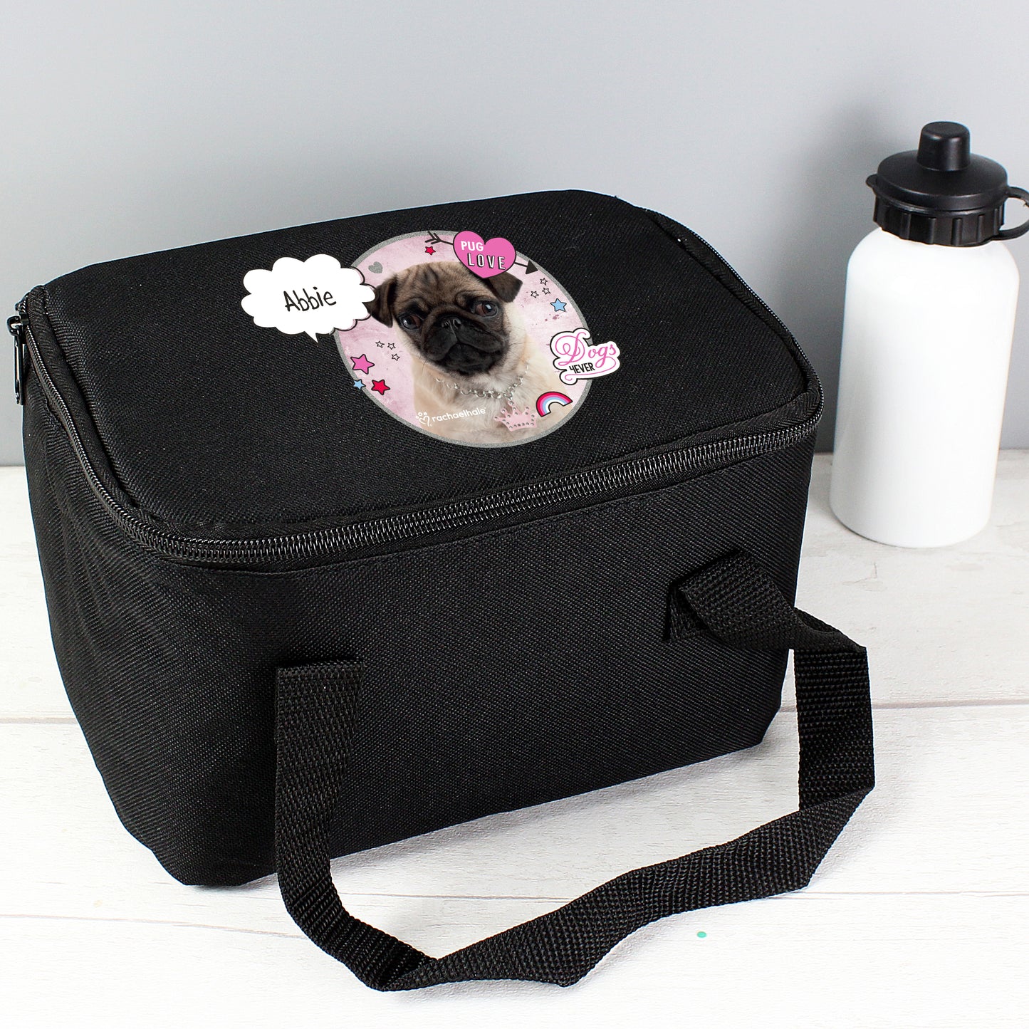 Personalised Rachael Hale Doodle Pug Black Lunch Bag - MK&JD Gifts