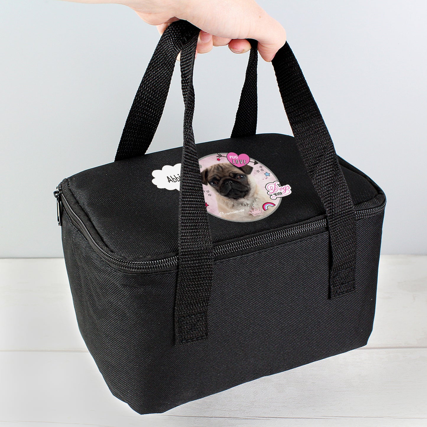 Personalised Rachael Hale Doodle Pug Black Lunch Bag - MK&JD Gifts