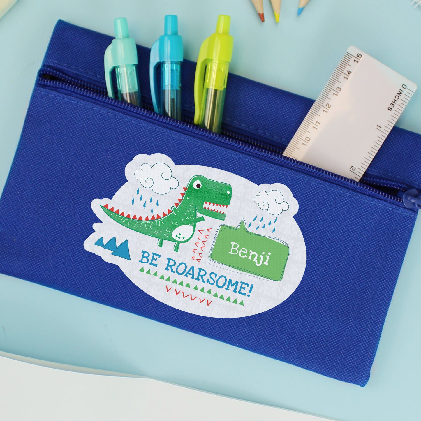 Personalised 'Be Roarsome' Dinosaur Blue Pencil Case - MK&JD Gifts