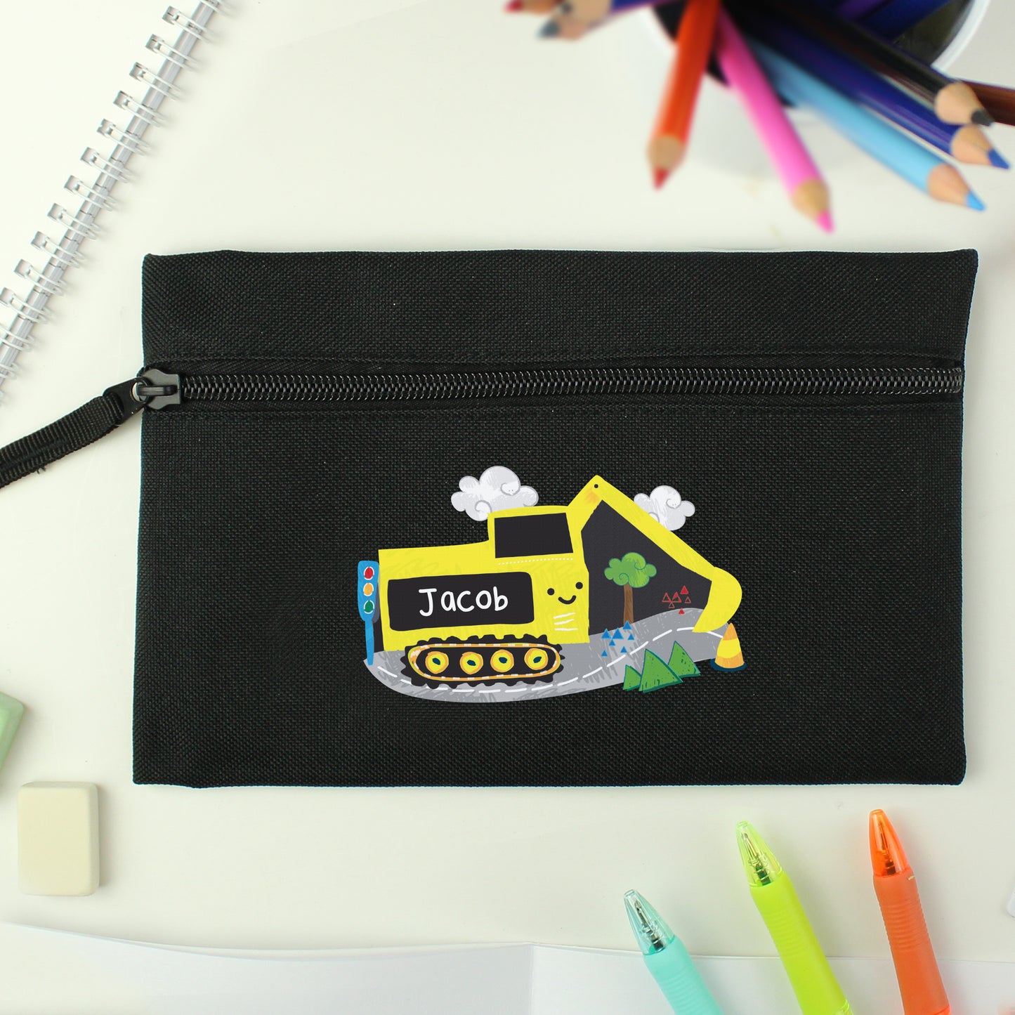 Personalised Digger Black Pencil Case - MK&JD Gifts