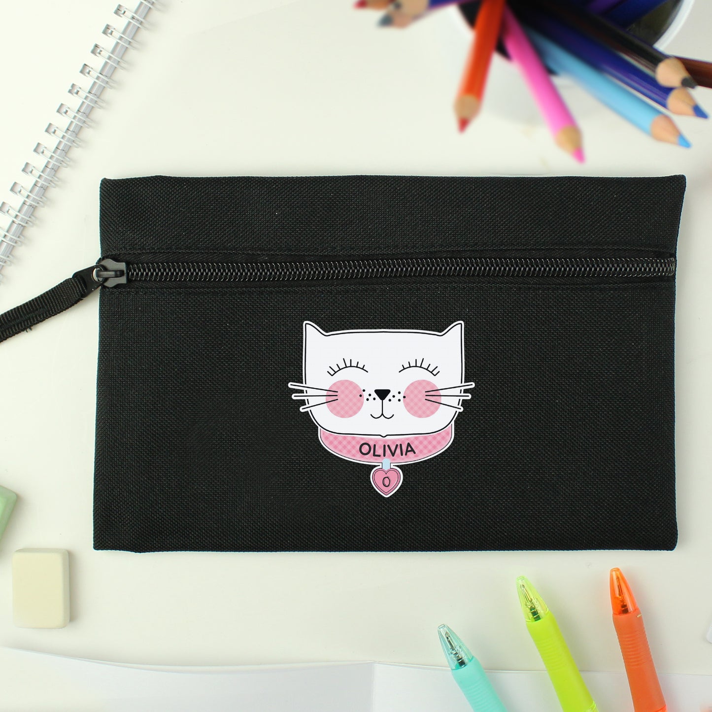 Personalised Cute Cat Black Pencil Case - MK&JD Gifts