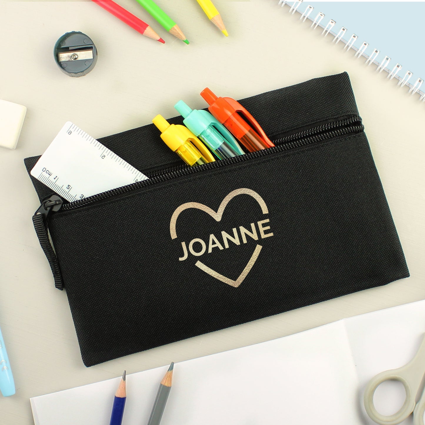 Personalised Gold Heart Black Pencil Case - MK&JD Gifts