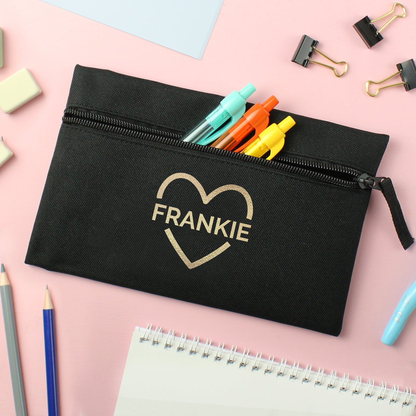 Personalised Gold Heart Black Pencil Case - MK&JD Gifts