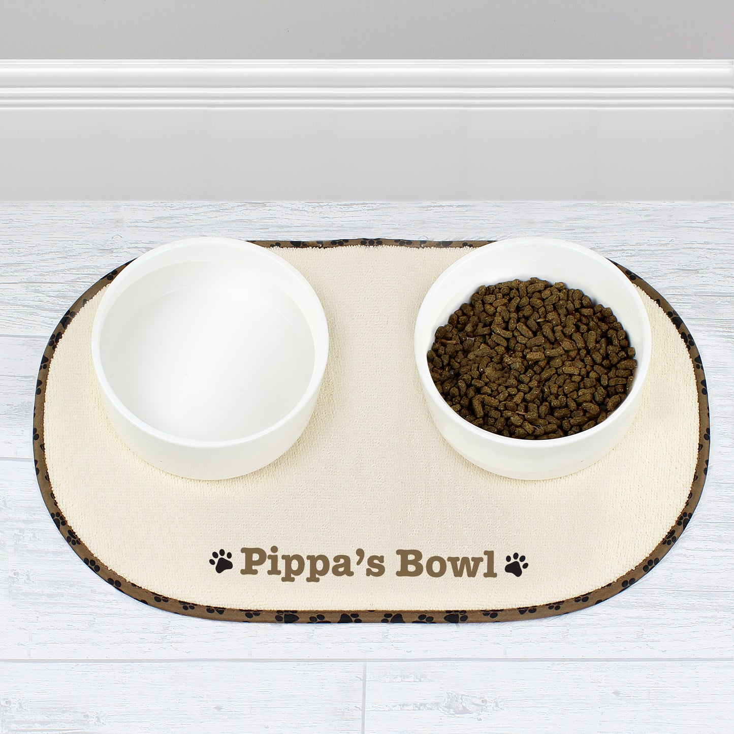 Personalised Brown Microfibre Paw Print Pet Bowl Mat - MK&JD Gifts