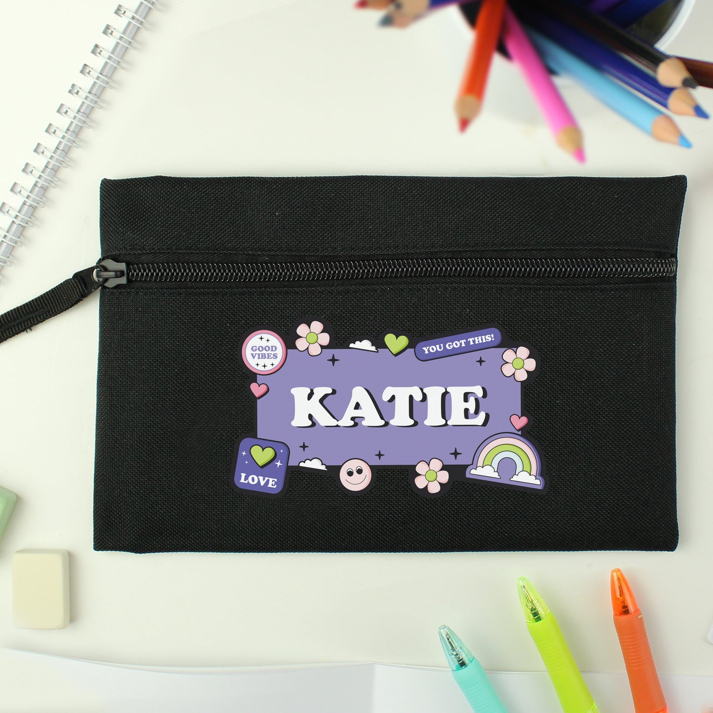 Personalised Good Vibes Black Pencil Case - MK&JD Gifts
