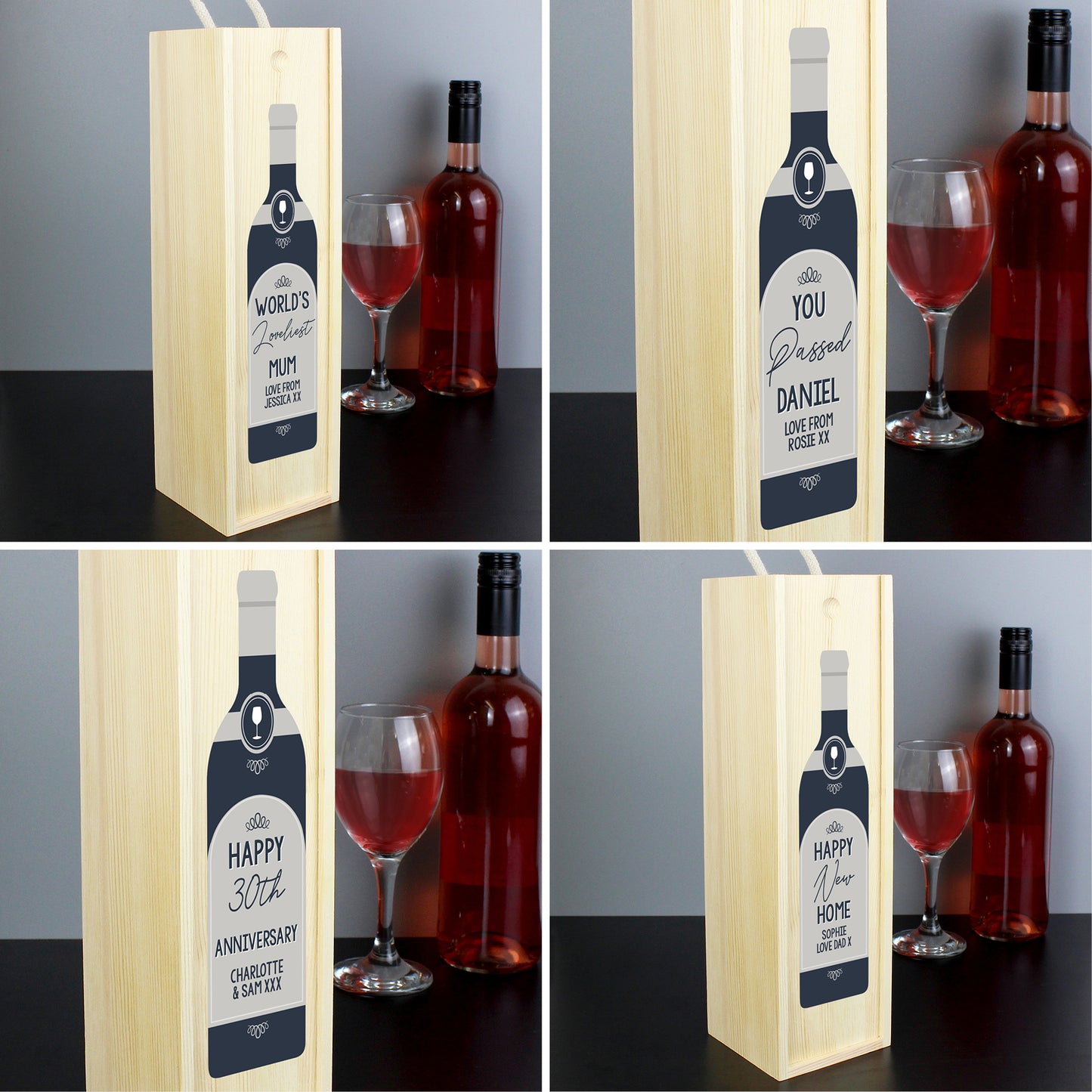 Personalised Free Text Grey Wooden Wine Bottle Box - MK&JD Gifts