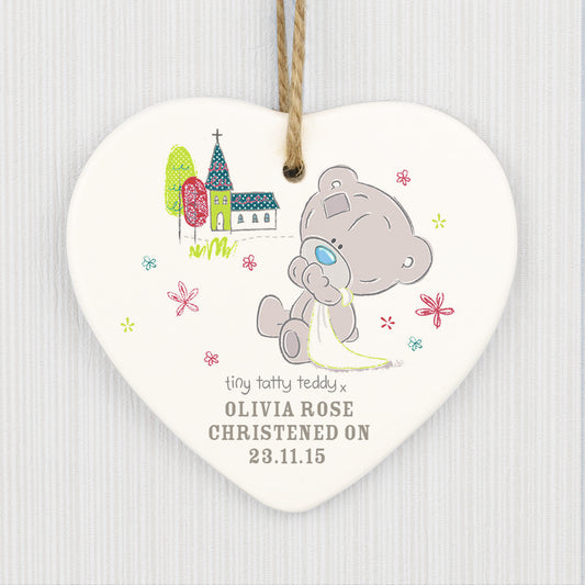 Personalised Tiny Tatty Teddy Christening Ceramic Heart Decoration - MK&JD Gifts