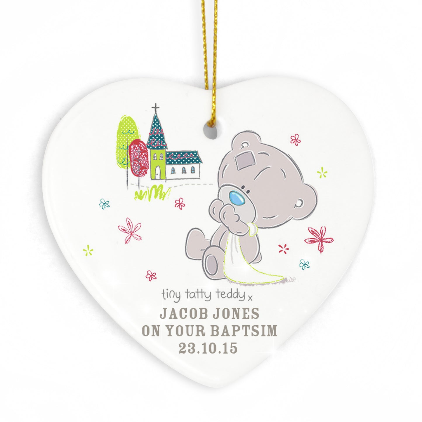 Personalised Tiny Tatty Teddy Christening Ceramic Heart Decoration - MK&JD Gifts