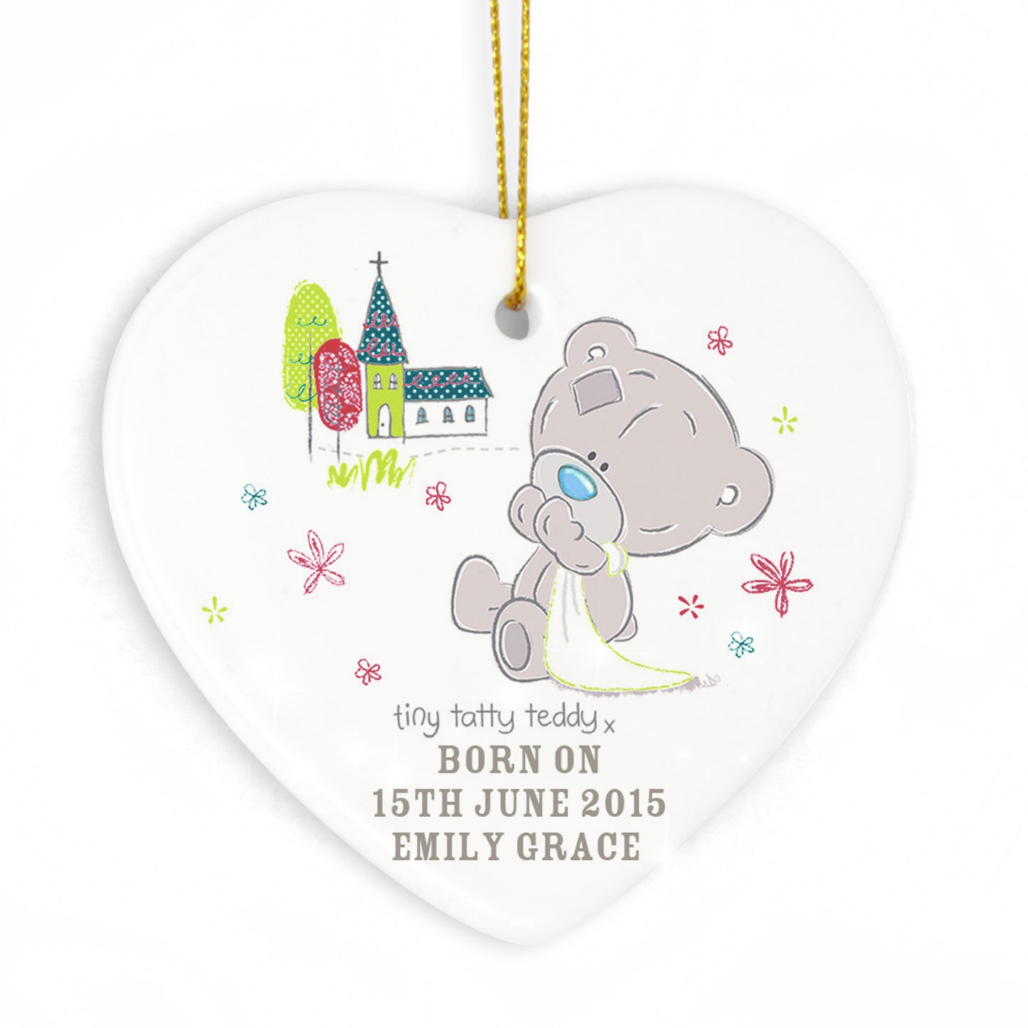 Personalised Tiny Tatty Teddy Christening Ceramic Heart Decoration - MK&JD Gifts