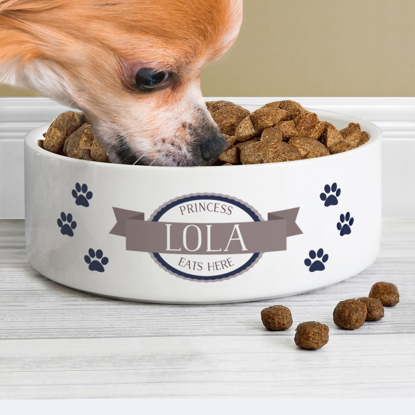 Personalised Blue Paws 14cm Medium White Pet Bowl - MK&JD Gifts