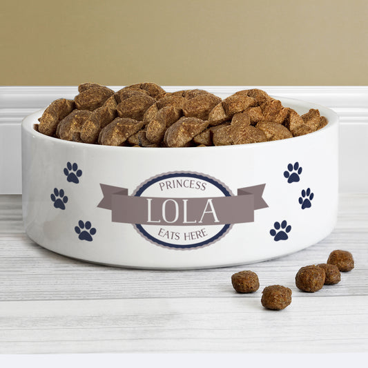 Personalised Blue Paws 15cm Medium White Pet Bowl - MK&JD Gifts