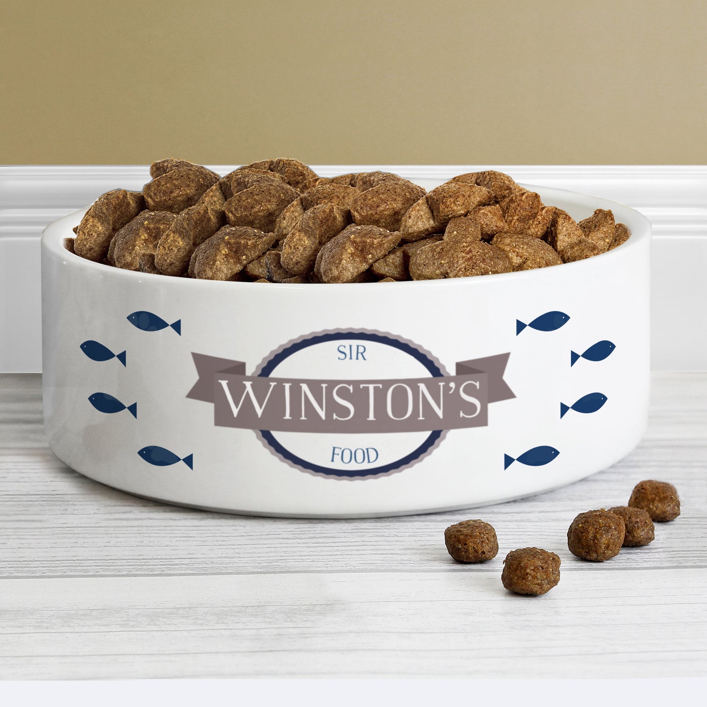 Personalised Blue Fish 14cm Medium White Pet Bowl - MK&JD Gifts