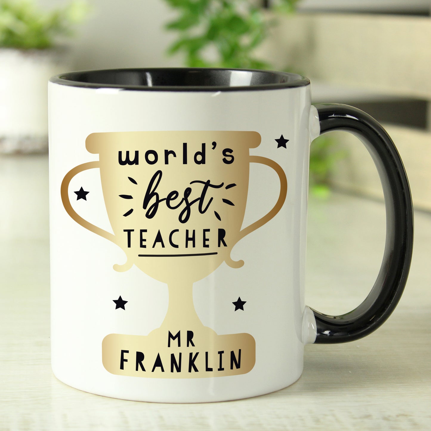Personalised World's Best Teacher Trophy Black Handled Mug - MK&JD Gifts