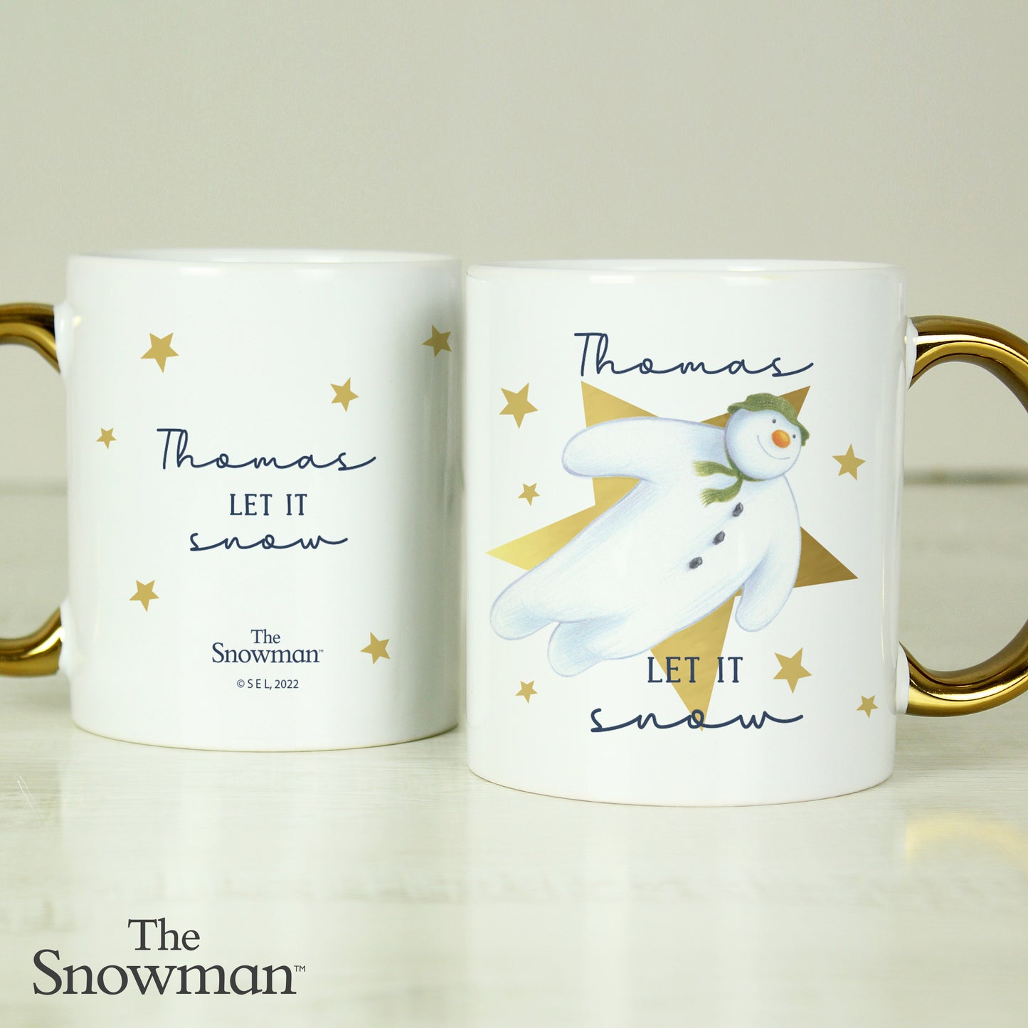 Personalised The Snowman Let it Snow Gold Handed Mug - MK&JD Gifts
