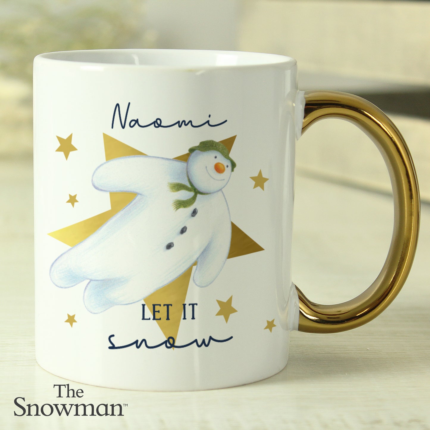 Personalised The Snowman Let it Snow Gold Handed Mug - MK&JD Gifts