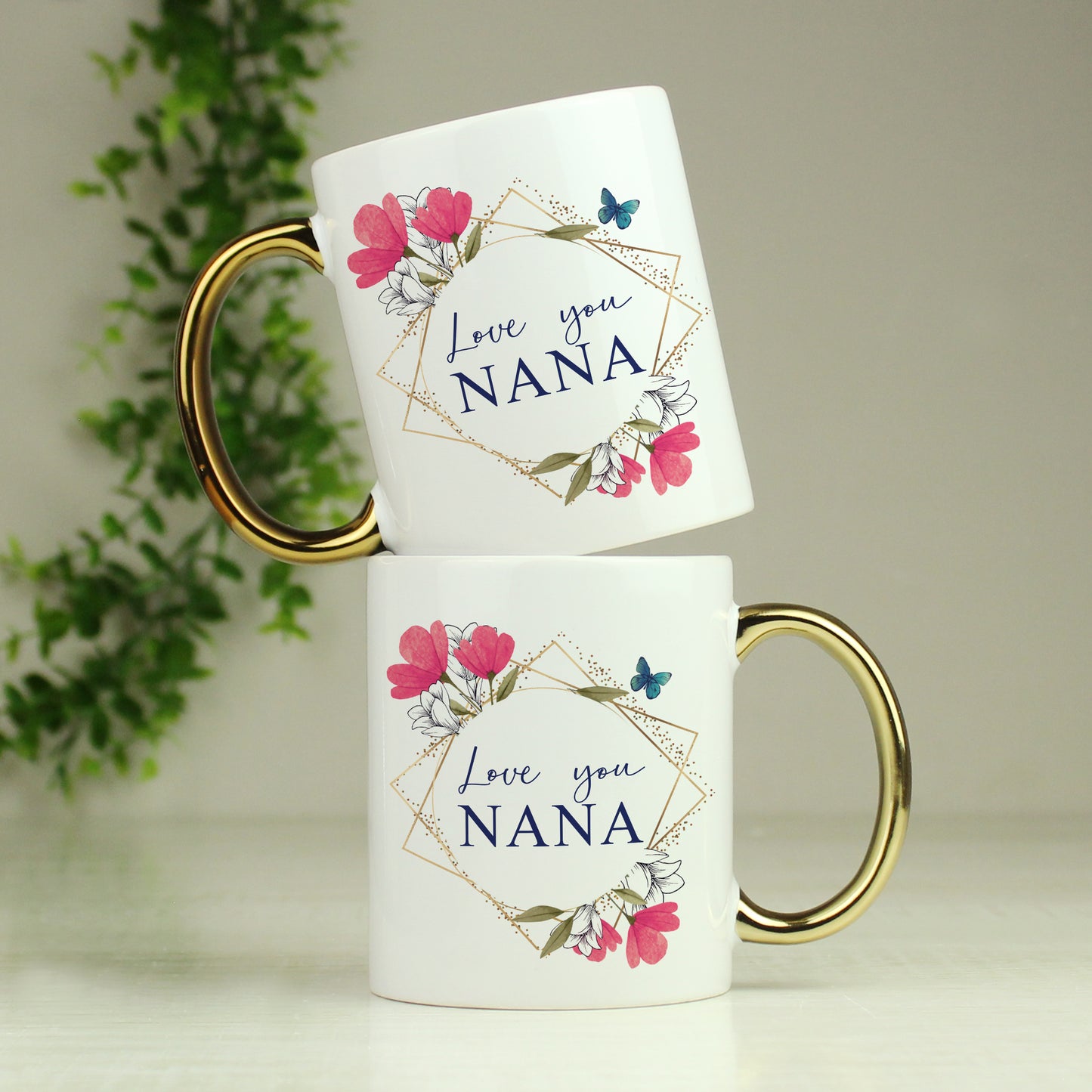 Personalised Geometric Floral Gold Handle Mug - MK&JD Gifts