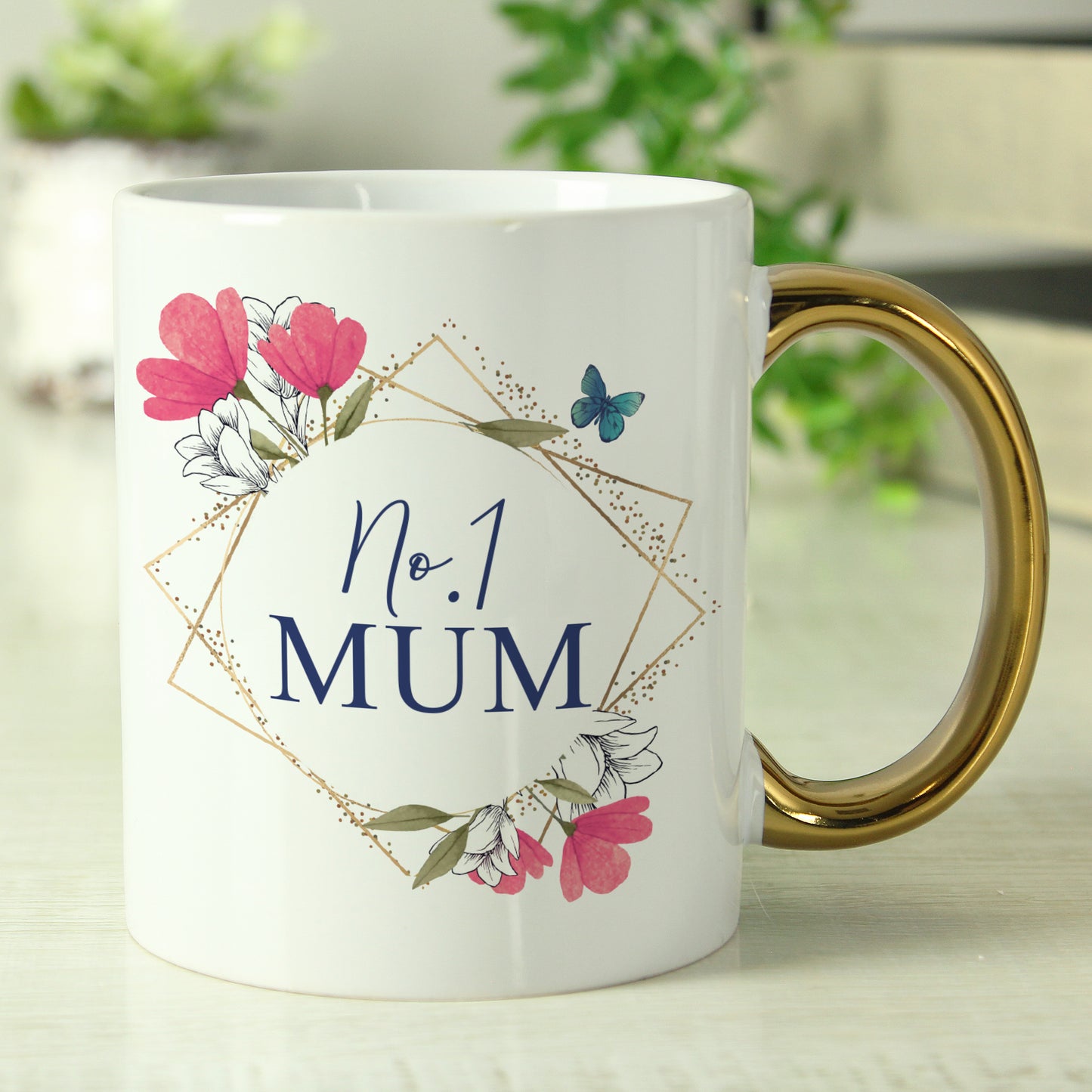 Personalised Geometric Floral Gold Handle Mug - MK&JD Gifts