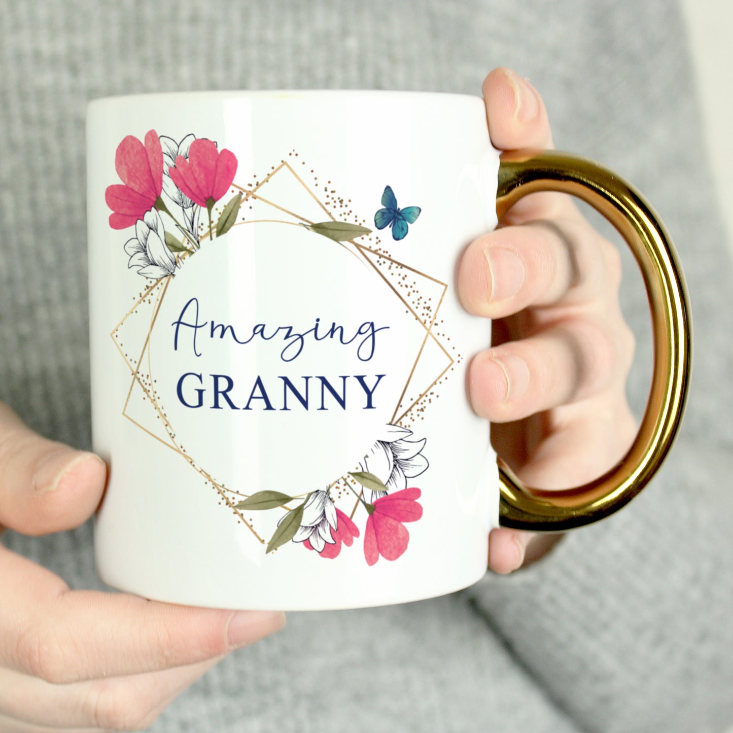 Personalised Geometric Floral Gold Handle Mug - MK&JD Gifts