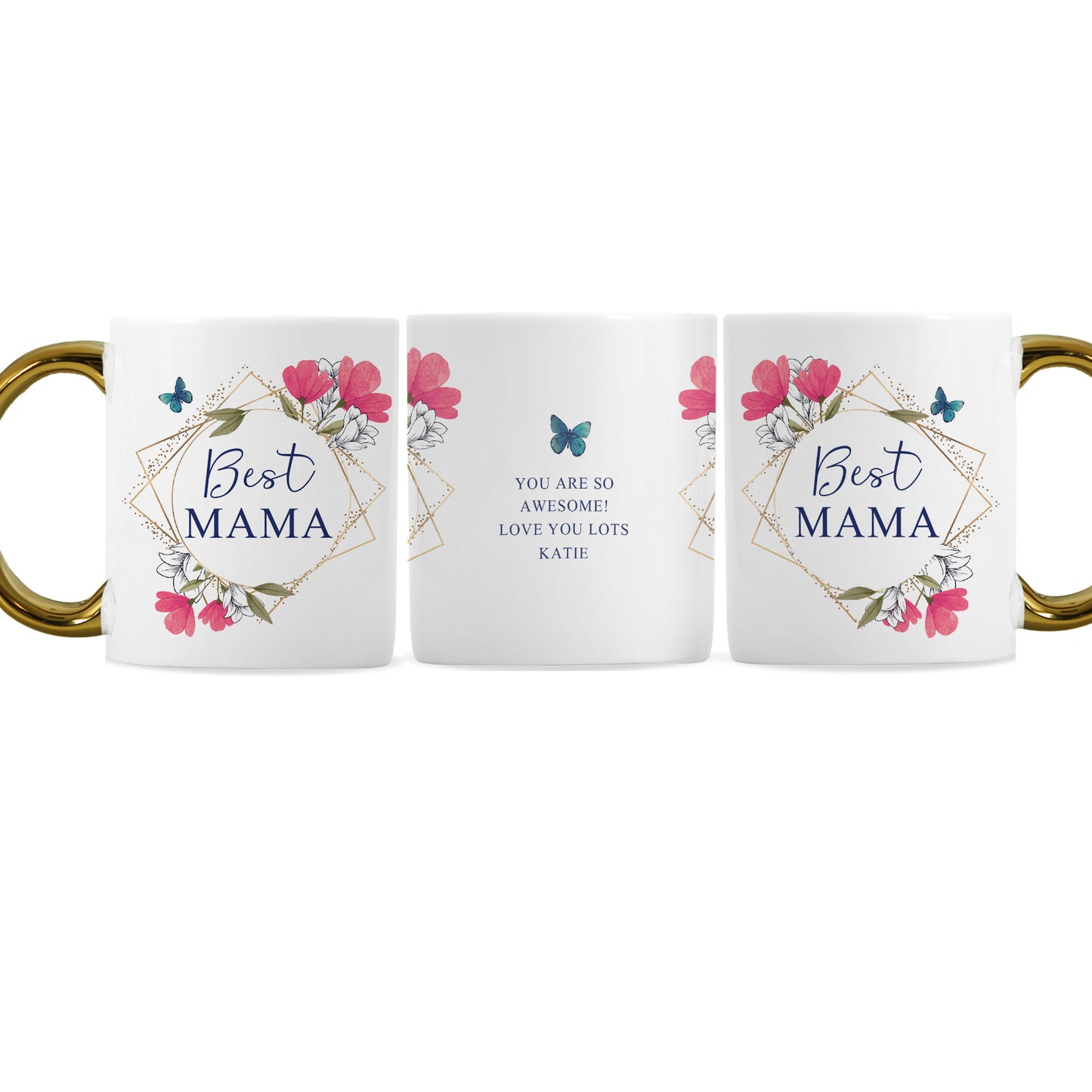 Personalised Geometric Floral Gold Handle Mug - MK&JD Gifts