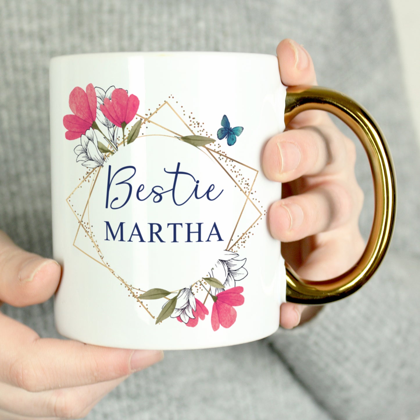 Personalised Geometric Floral Gold Handle Mug - MK&JD Gifts