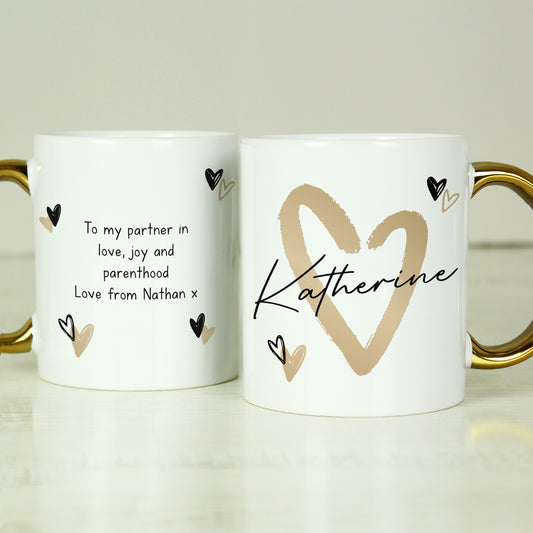 Personalised Hearts Gold Handled Mug - MK&JD Gifts