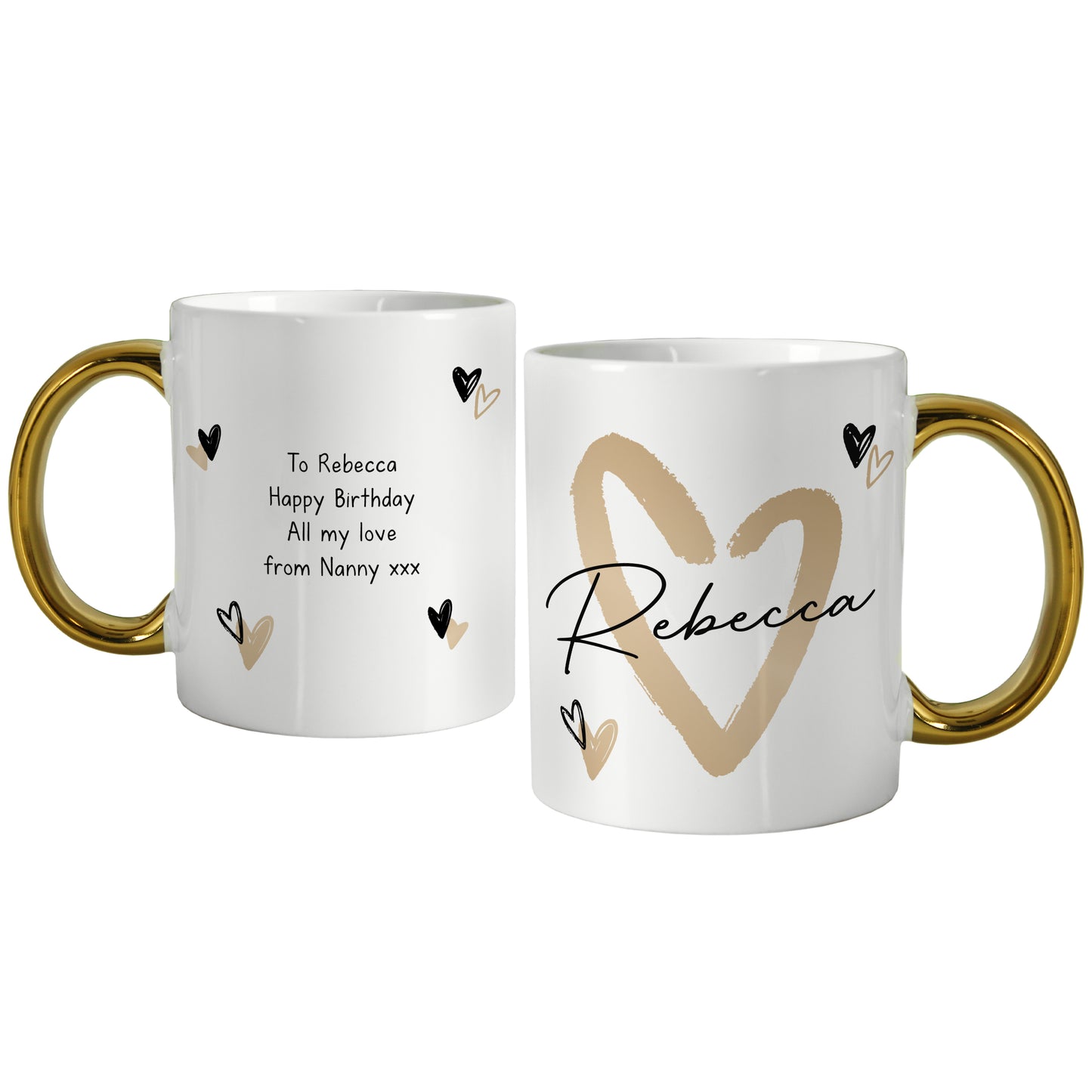 Personalised Hearts Gold Handled Mug - MK&JD Gifts