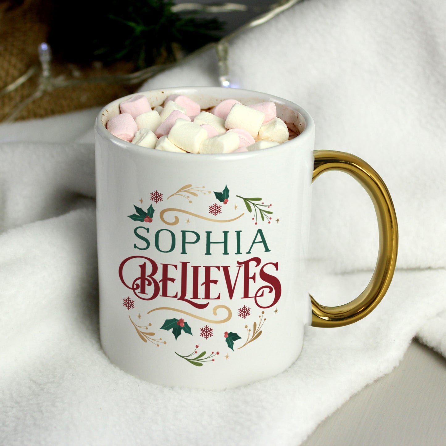 Personalised Believes In Christmas Gold Handled Mug - MK&JD Gifts