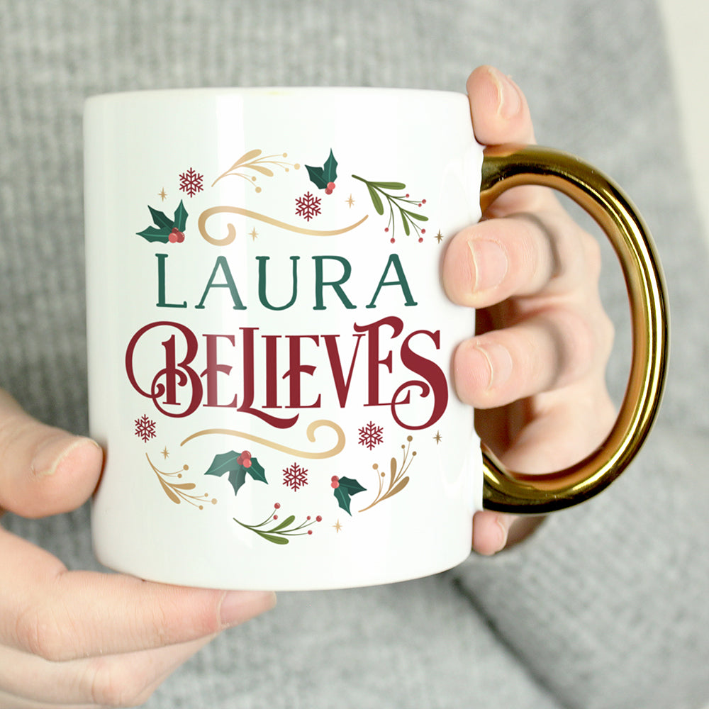 Personalised Believes In Christmas Gold Handled Mug - MK&JD Gifts