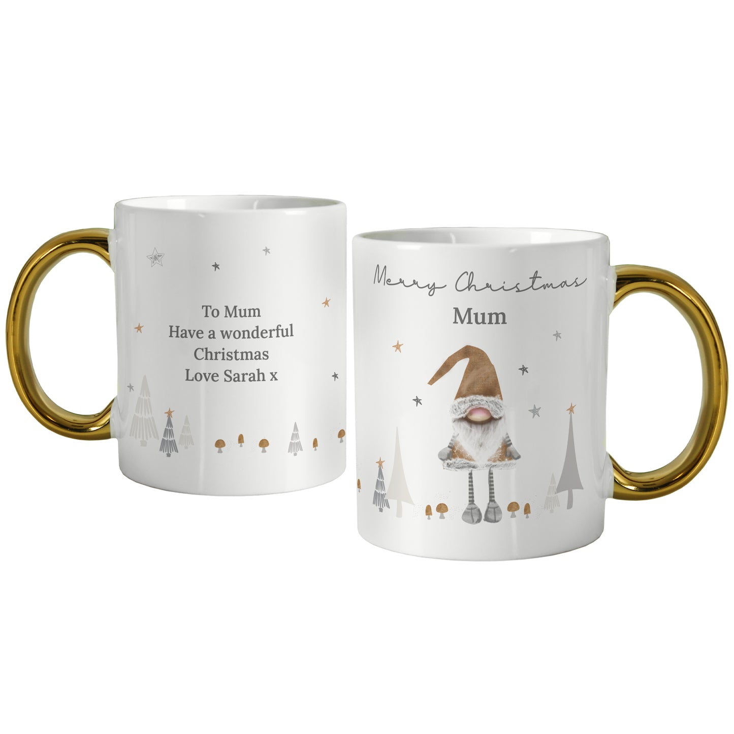 Personalised Christmas Gonk Gold Handed Mug - MK&JD Gifts