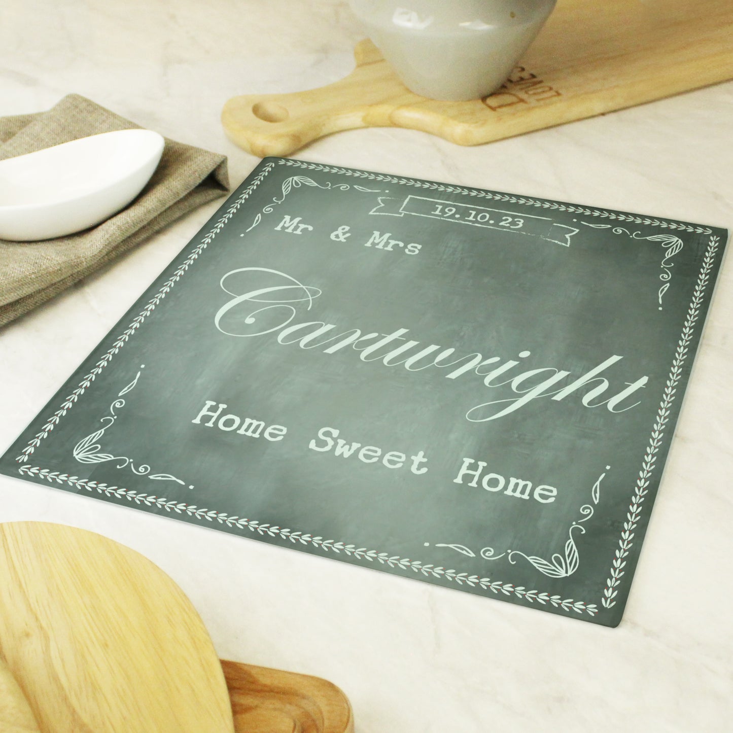 Personalised Family Chalk Glass Chopping Board/Worktop Saver - MK&JD Gifts