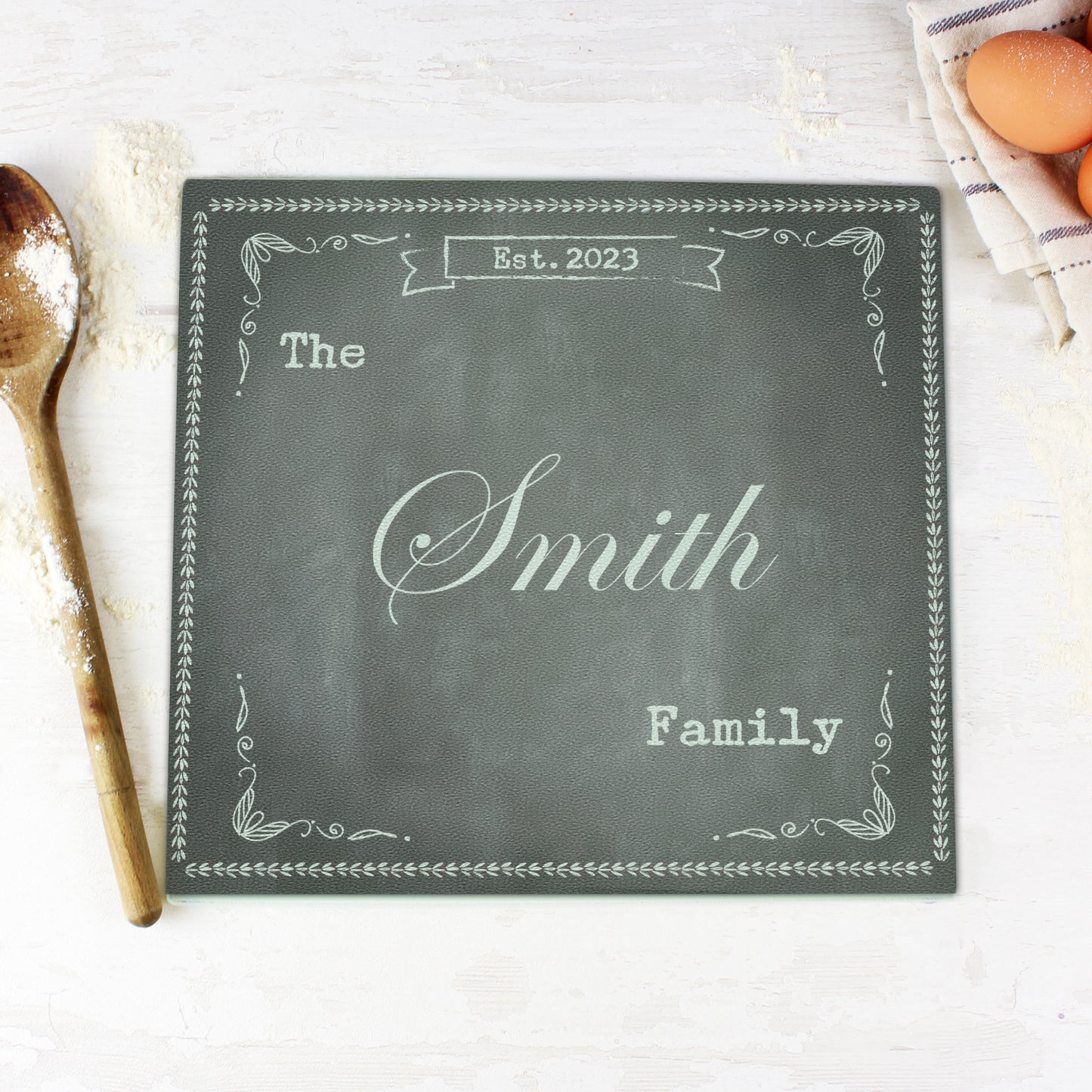 Personalised Family Chalk Glass Chopping Board/Worktop Saver - MK&JD Gifts