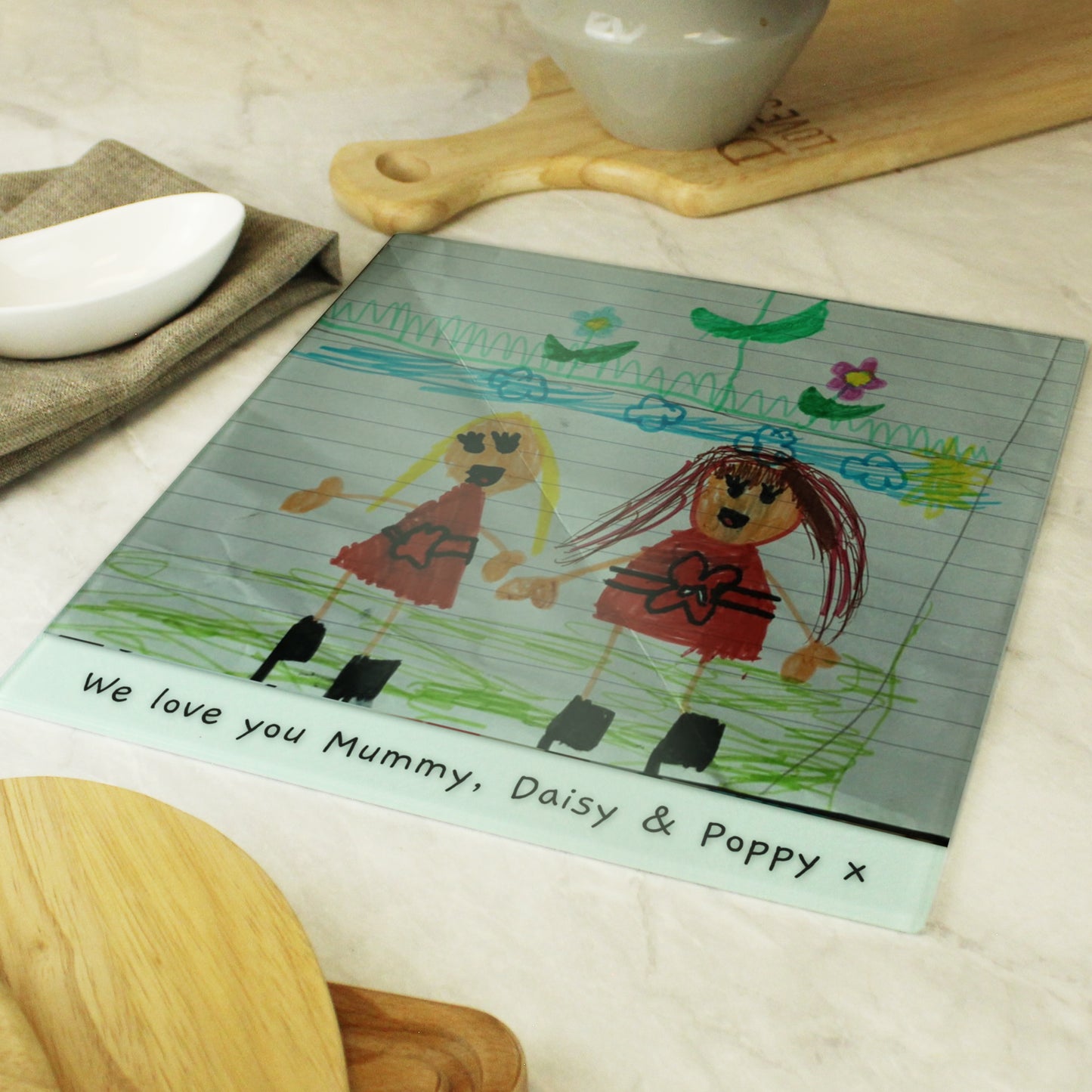 Personalised Childrens Drawing Photo Upload Glass Chopping Board/Worktop Saver - MK&JD Gifts