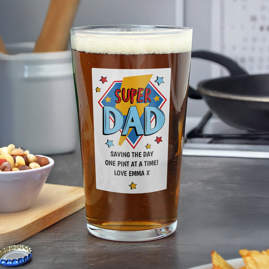 Personalised Super Dad Printed Beer Glass - MK&JD Gifts