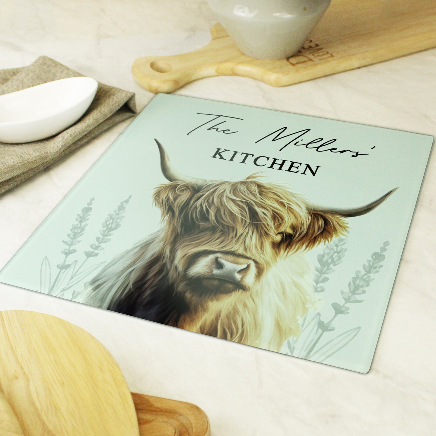 Personalised Highland Cow Glass Chopping Board - MK&JD Gifts