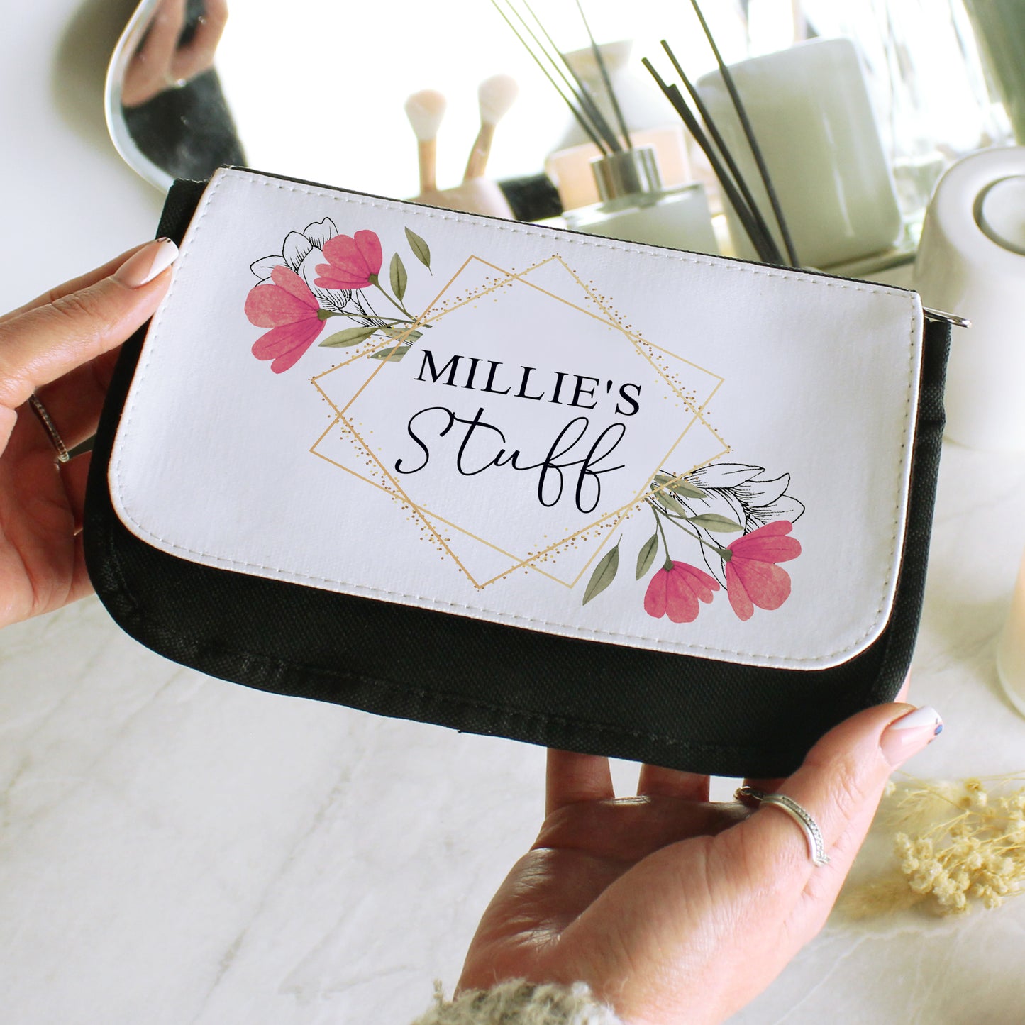 Personalised Pink Floral Make Up Bag - MK&JD Gifts