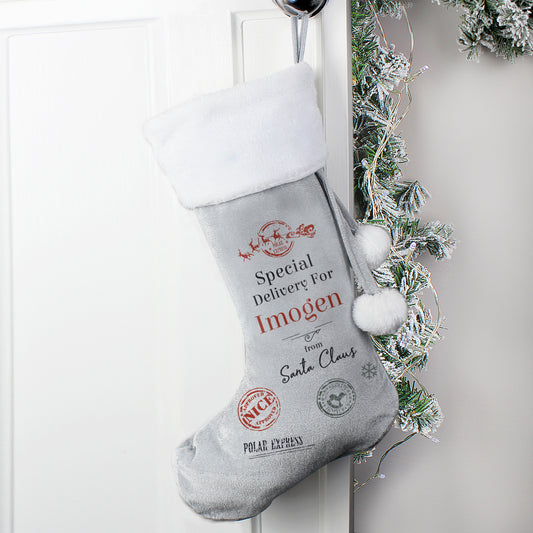 Personalised Special Delivery Silver Grey Stocking - MK&JD Gifts
