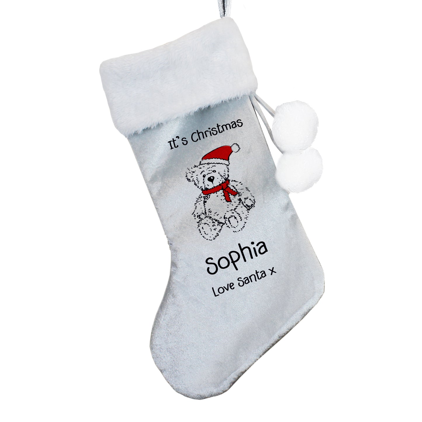 Personalised Christmas Teddy Silver Grey Stocking - MK&JD Gifts