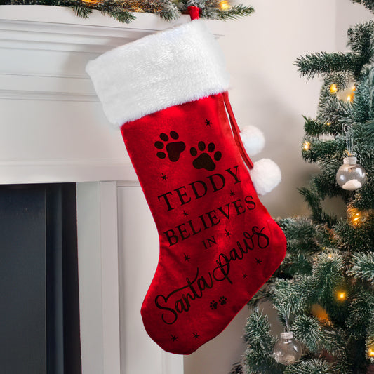 Personalised Santa Paws Christmas Red Stocking - MK&JD Gifts