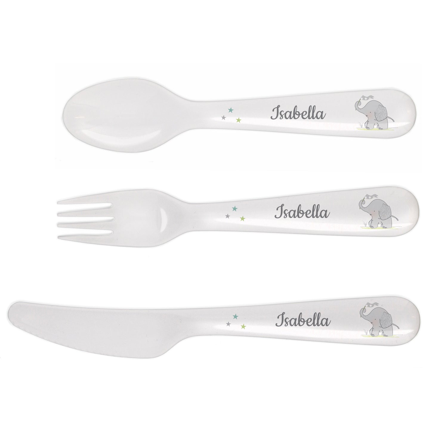 Personalised Hessian Elephant 3 Piece Plastic Cutlery Set - MK&JD Gifts